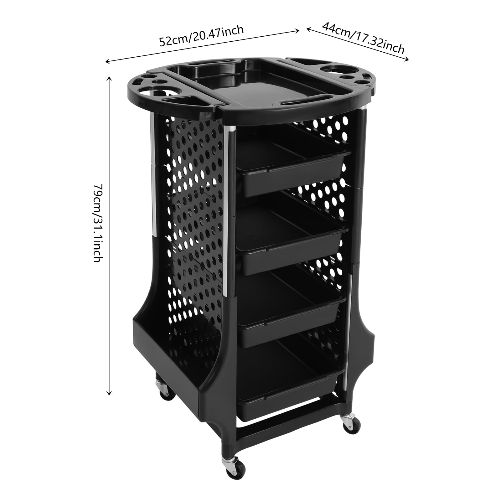 Salonwagen Kosmetikwagen mit 4 ausziehbaren Fächern,Friseur Zubehör,Bedienungswagen, Friseur Arbeitswagen Drehbar,Friseurwagen,Zwei Seitenrahmen für Beauty Salon SPA 52 × 44 × 79 cm