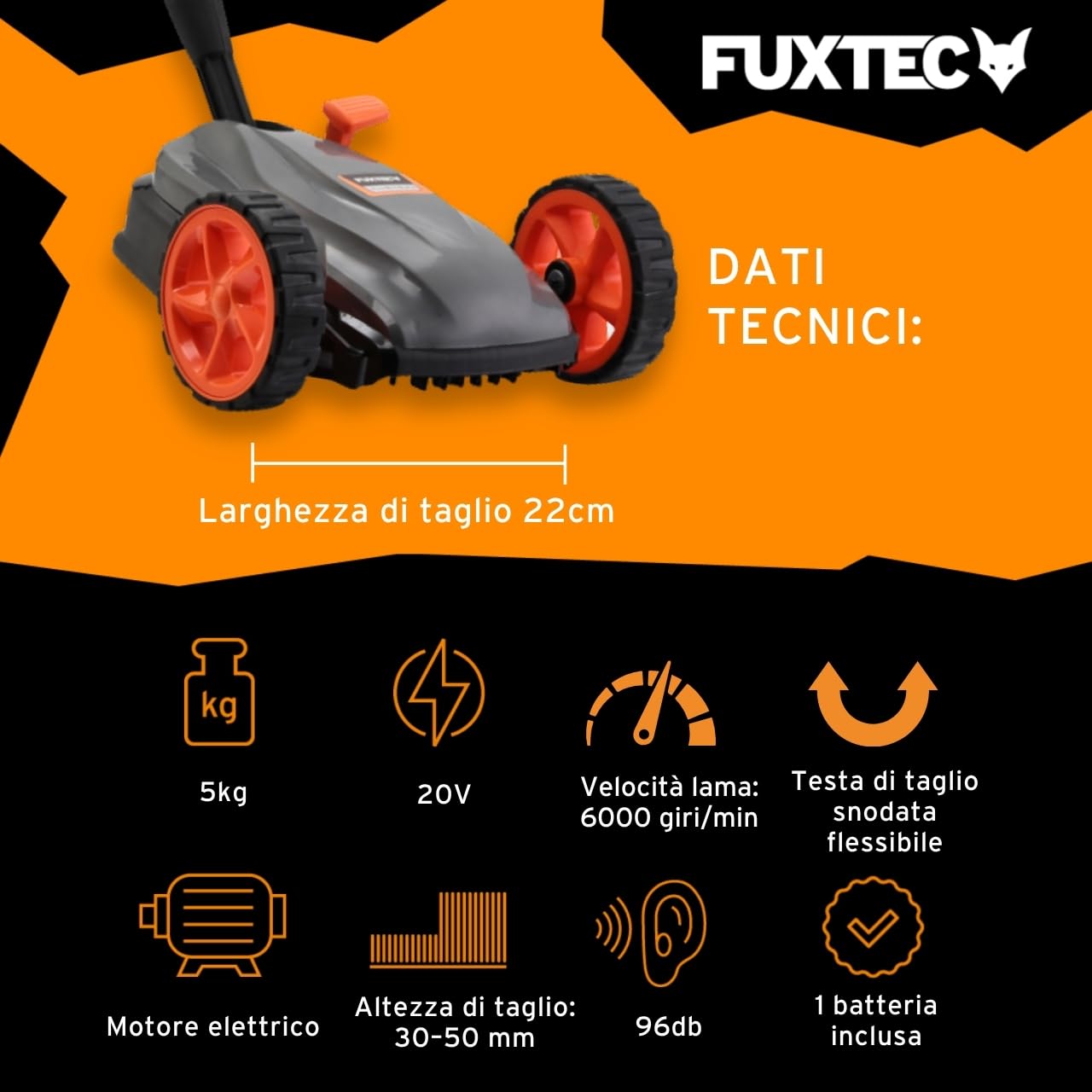 FUXTEC FX-E1RMEH20-SET Tagliaerba a Batteria 20V – Tosaerba Compatto a Una Mano Mulching con Batteria 4Ah e Caricabatterie, Larghezza 22cm, Altezza Regolabile, 300W