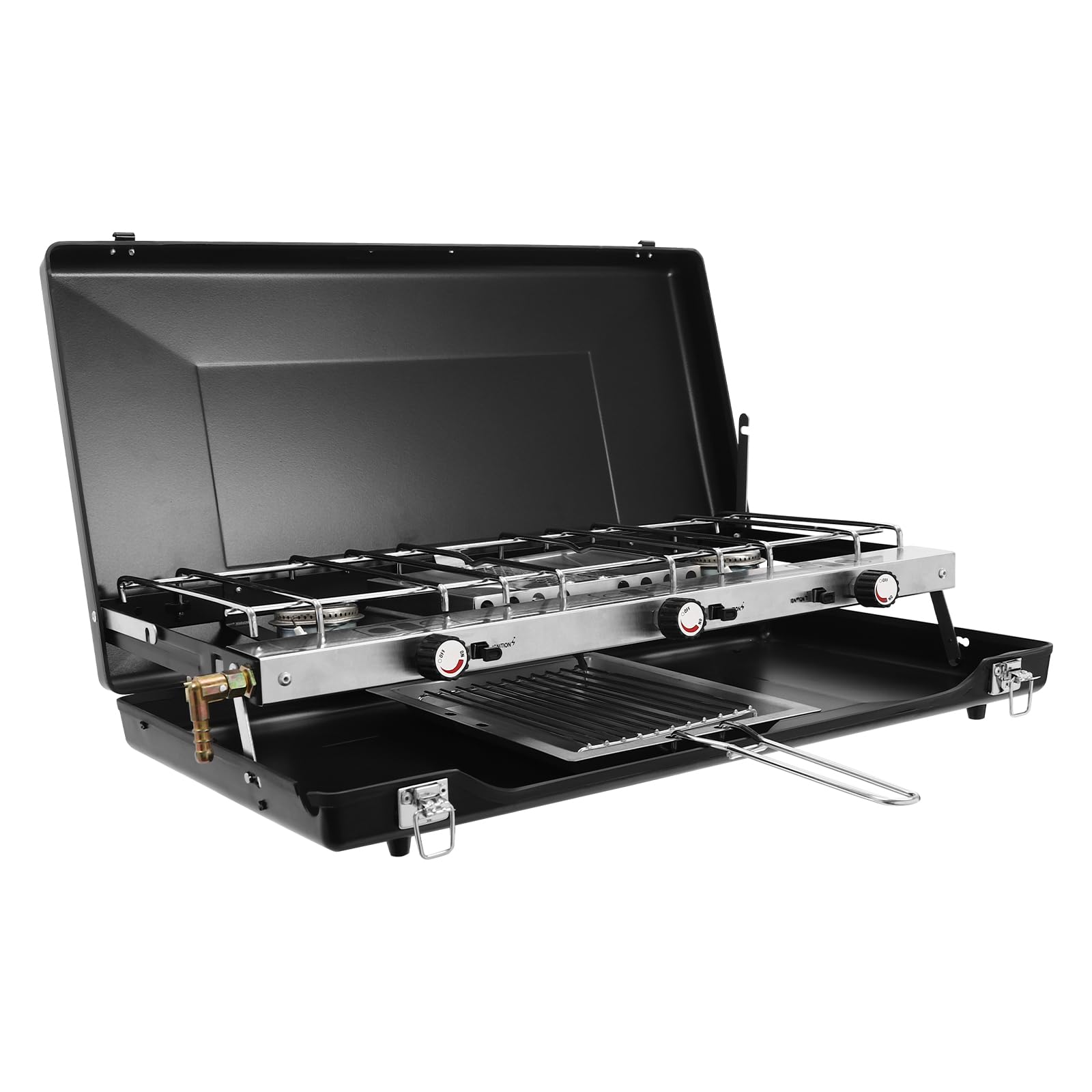 Fornello da campeggio a 3 luci, 1500 W × 3 fornello a gas con struttura di accensione piezoelettrica, design pieghevole, per esterni, campeggio, barbecue