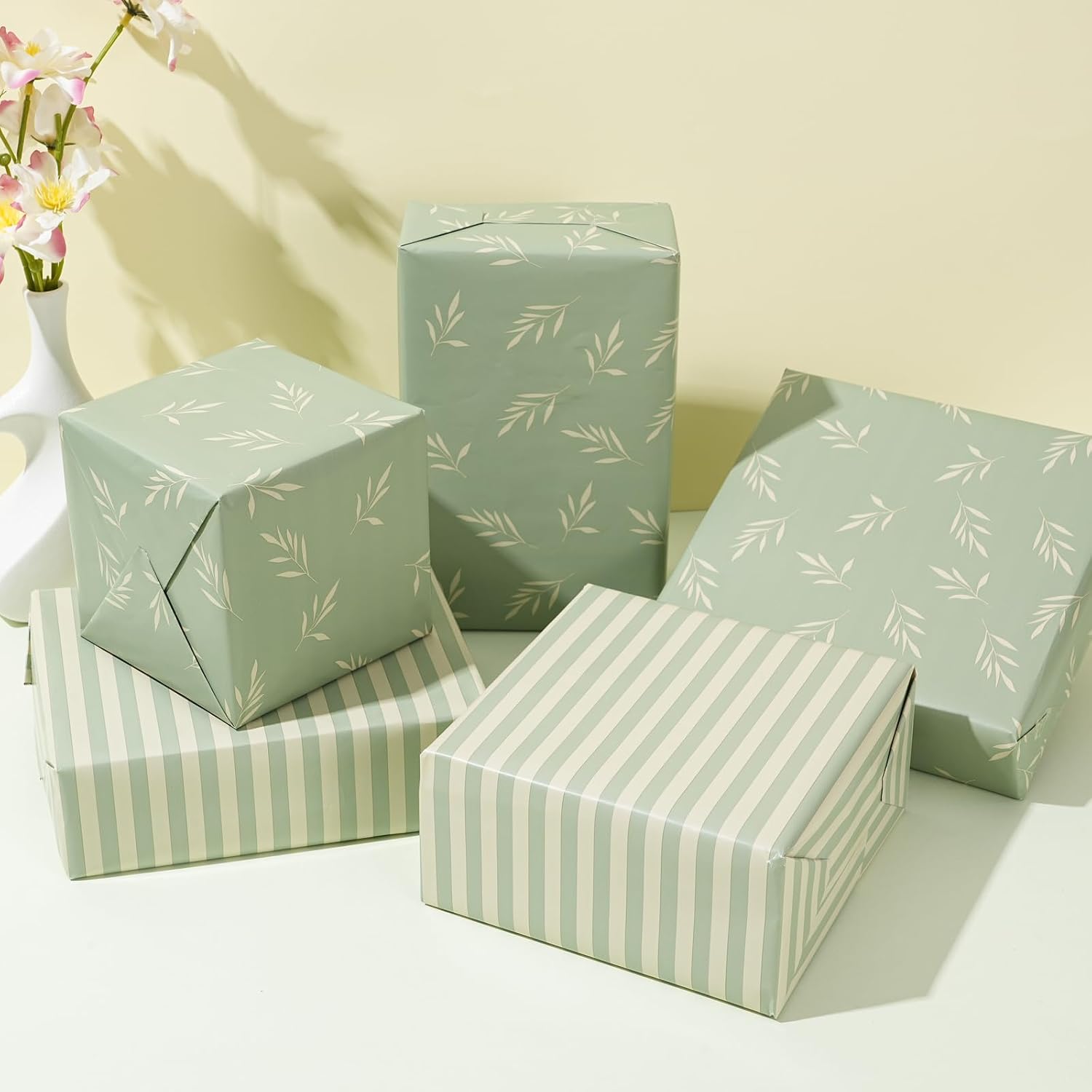 ZINTBIAL Reversible Gift Wrapping Paper Roll - Light Green Background with Beige Leaves - Green Stripe Design - for Birthdays,Weddings,Baby Showers,Mother's Day,Christmas - 17.5" x 33' (48 sq. ft.) thumbnail