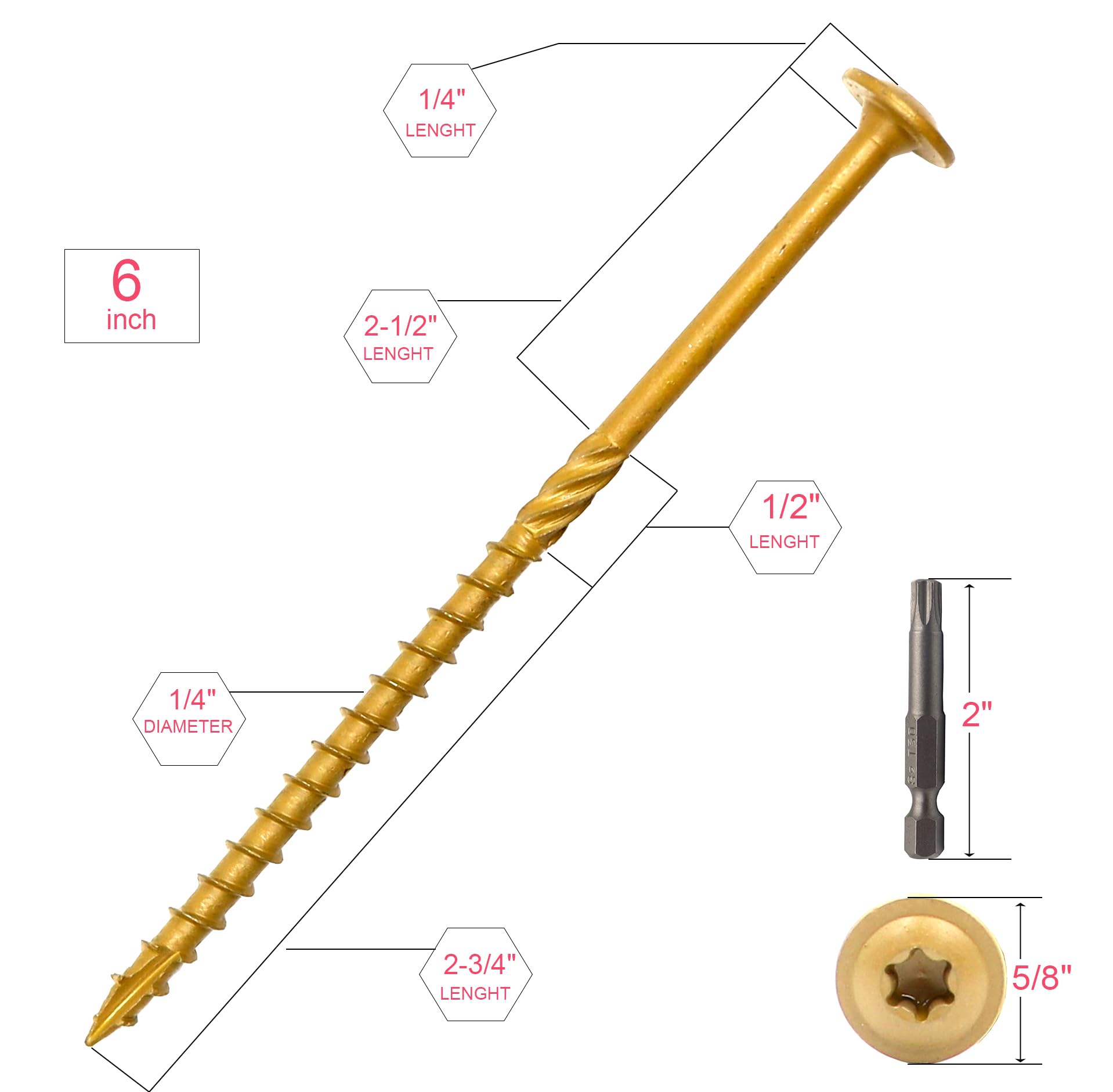 Lot de 50 vis tire-fond T30 #14 x 6 pour bois, bûche, aménagement paysager avec embout Torx de 6,35 mm