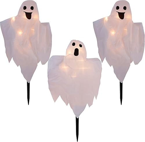 Decoraciones de Halloween, paquete de 3 estacas de fantasmas blancas iluminadas de 26 pulgadas, fantasmas de tela con 20 luces incandescentes,