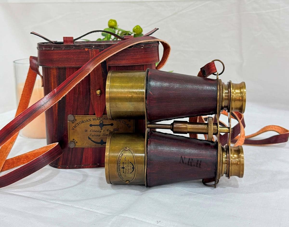 Binocolo nautico vintage in ottone, fatto a mano, con custodia in pelle
