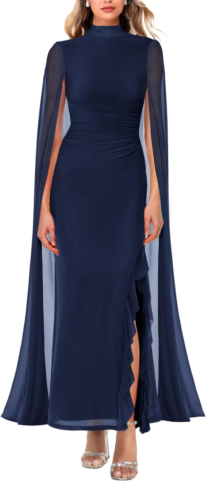 Women's Formal Dresses Ruffle High Split Long Sleeve Mesh Ruched Bodycon Evening Party Maxi Dresses with Cape