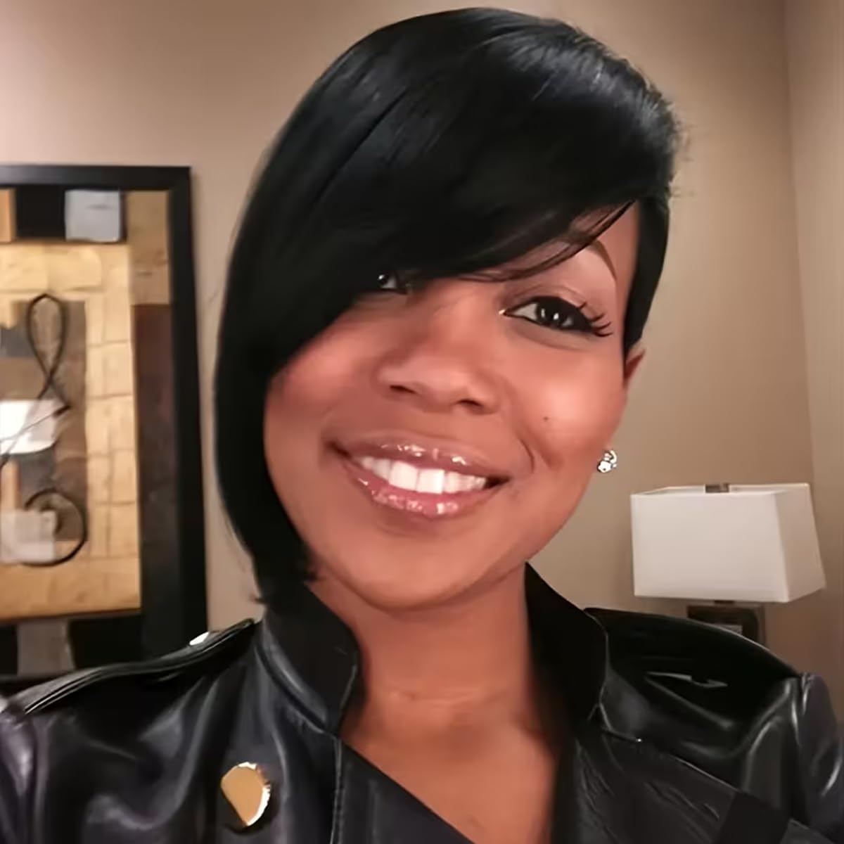 Short Bob Wig Human Hair Pixie Cut Wig for Black Women None Lace Front Wig with Long Bangs Layered Wavy Full Machine Made Wig 1B Color 8 Inch