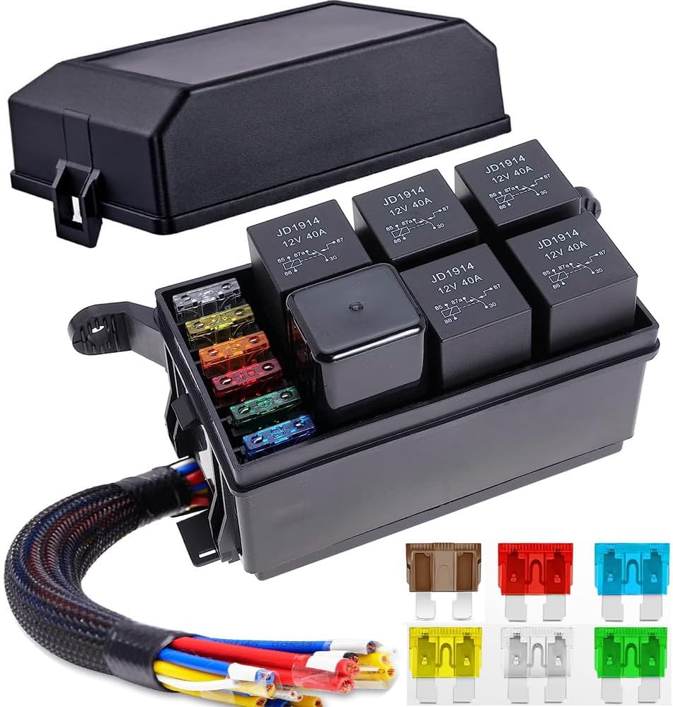 Gebildet 12V Fuse and Relay Box with 5pcs 5-Pin JD1914 40A Relay and 1pc 4-Pin Relay 6 ATC/ATO Blade Fuse, Universal Waterproof Fuse Relay Box for Automotive Car Truck Marine Boat