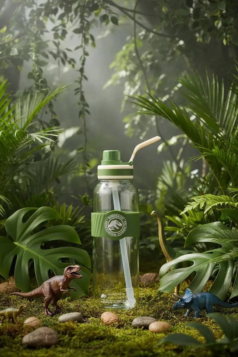 MINISO Jurassic World Saplı ve Pipetli Plastik Şişe 1000 mL (Yeşil)