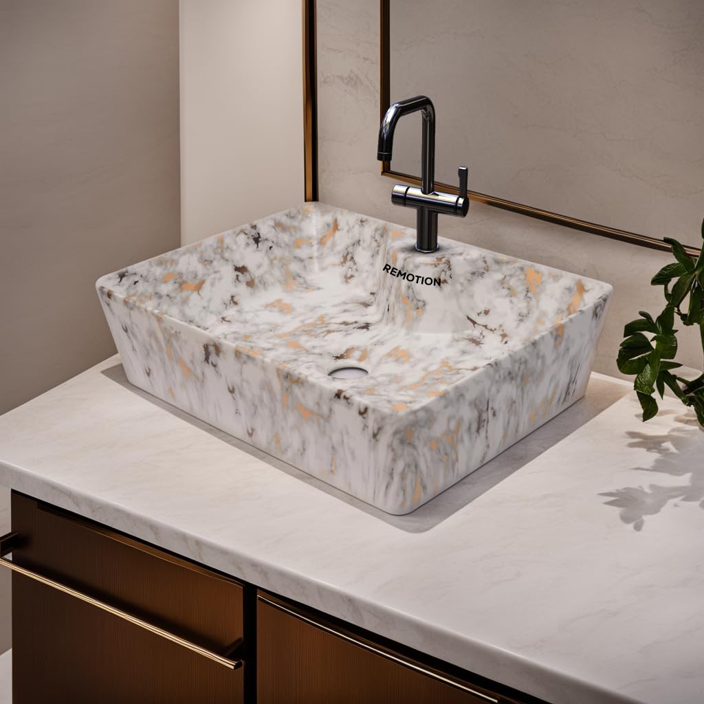 REMOTION Designer Table Top Basin Vessel Sink/Over Counter Wash Basin/Counter Top Wash Basin for Bathroom Decor & Living Rooms (19 X 15 X 5 Inch) (Glossy White N Golden Spot Basin) (B0CK5WDF52) Amazon Price History, Amazon Price Tracker