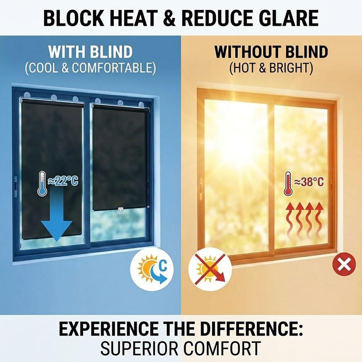 Stores occultants à ventouses, Store Enrouleur sans Perçage pour Fenetre | Rideau Occultant Thermique, temporaire, protection UV, Rideaux d'intimité, pour bureau chambre(Noir,W55 x H200cm)
