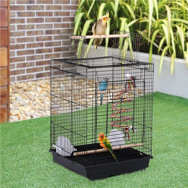 Abician Cage à Oiseaux en Métal pour Petits Oiseaux, Cage à Perruches avec Jouet, Corde à Clochette, 3 Perchoirs, 2 Mangeoirs, 1 Toit Ouvert 40 x 40 x 58 cm Noir