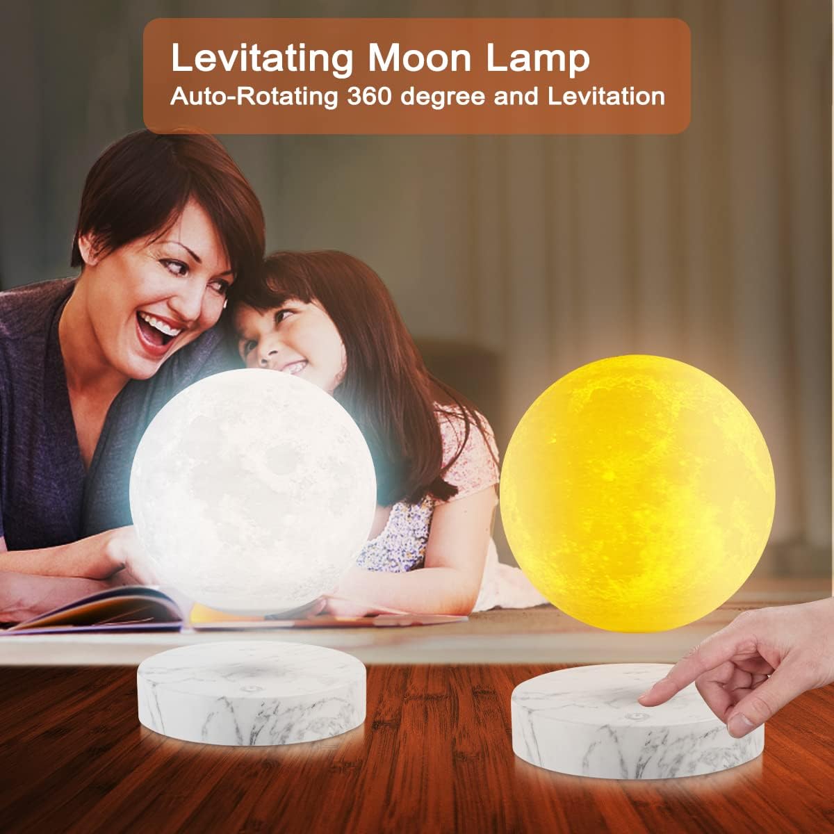 VGAzer Levitating Moon Lamp,Floating and Spinning in Air Freely with 3D Printing LED Moon Light Has 3 Colors for Unique Christmas Gifts,Room Decor (Marble Base 3 Colors)