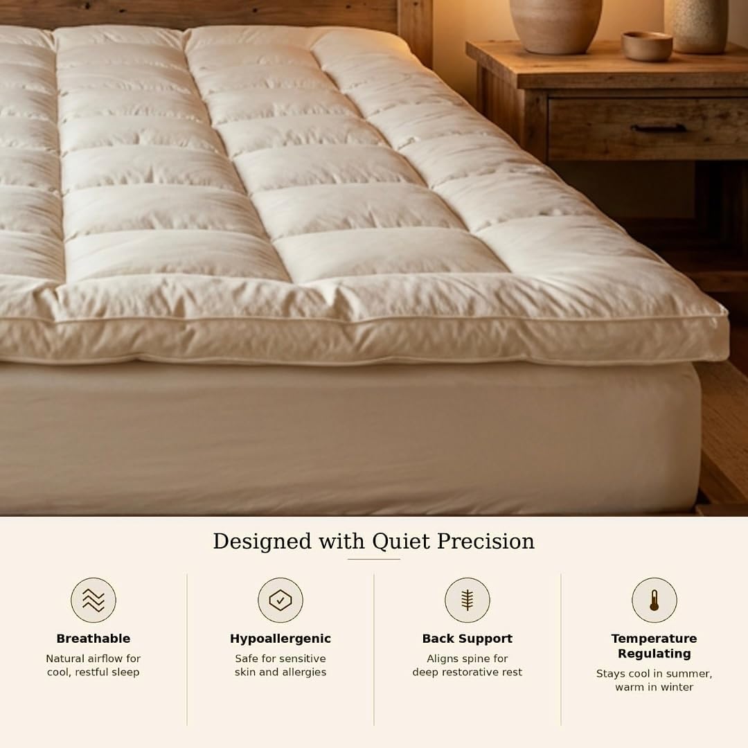 100% Merino Wool Mattress Topper 1500GSM for Back Pain Relief Natural Handmade Merino Wool Pad 2 Inches Thick Cooling Breathable with 2 Elastic Straps, Ivory King 78x80 Inches