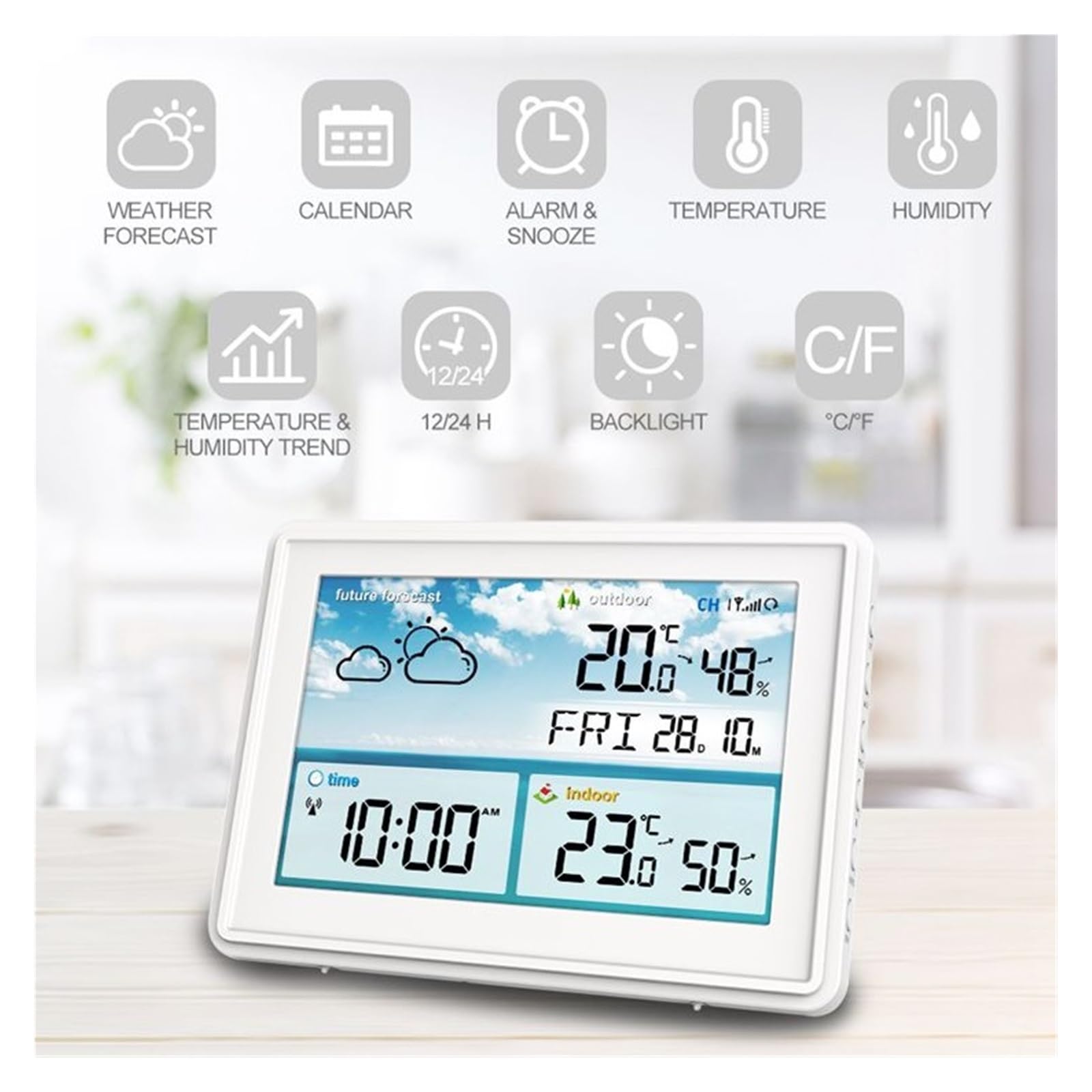 Bezprzewodowa Cyfrowa Stacja Pogodowa Kolorowy Wyświetlacz LCD Termometr Higrometr Czujnik Prognozy Temperatura Mrozu Kalendarz Budzik Wysoka DokłAdność(White)