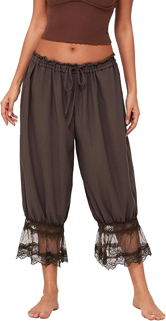 Women Lace Ruffled Long Bloomers Pants Y2k Pettipants Pantaloons Cropped Flared Slips Capri Pants Pajamas Bottoms