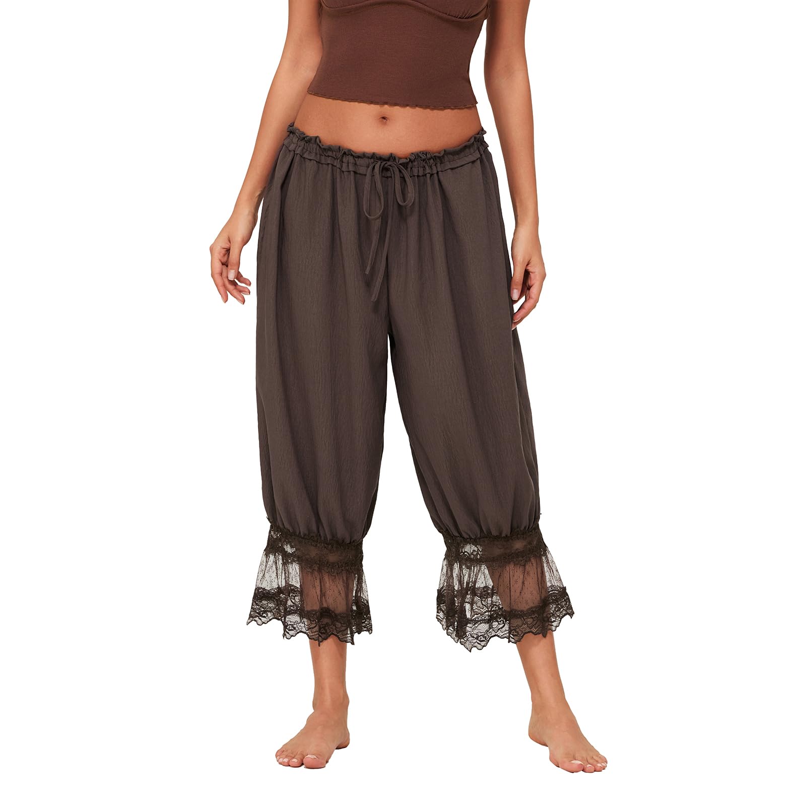 Women Ruffle Long Bloomer Mid Rise Lace Trim Pettipants Pantaloons Patchwork Casual Loose Cropped Slips Pants Pajama