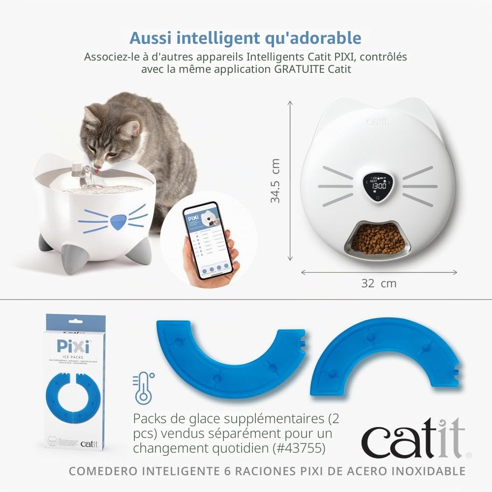 Mangeoire Intelligente 6 portions avec Plateau en Acier Inoxydable pour Chats Catit PIXI