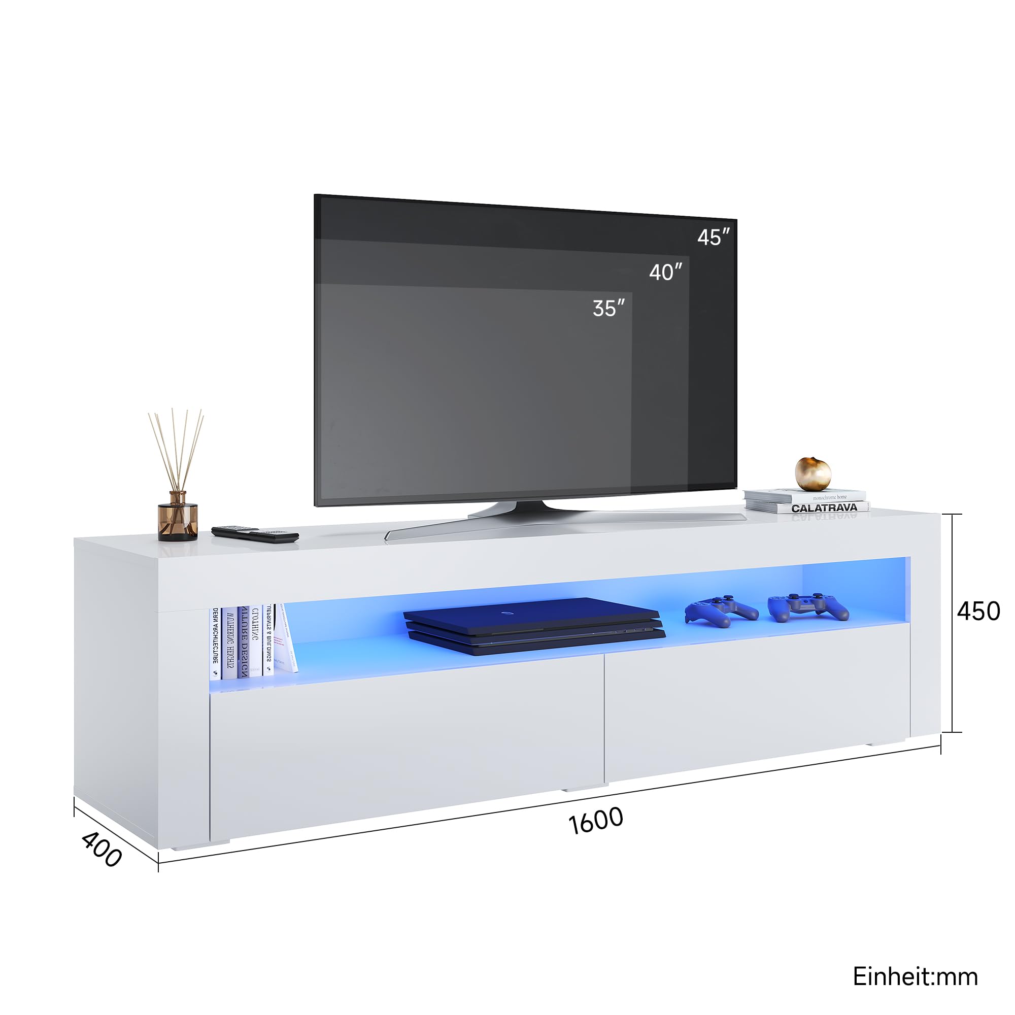 Mobile TV bianco lucido, 160 cm, con illuminazione a LED, 160 x 40 x 45 cm (larghezza x profondità x altezza), per soggiorno, moderno, mobile in legno