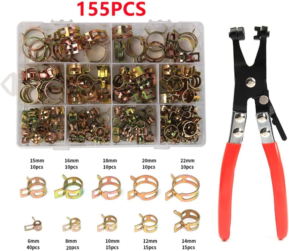 100/115/155/165pcs Spring Hose Clamps with Plier 6-22mm Fuel Line Hose Water Pipe Air Tube Clamps Fastener Pipe Clamp,As pictures show,155pcs with Plier