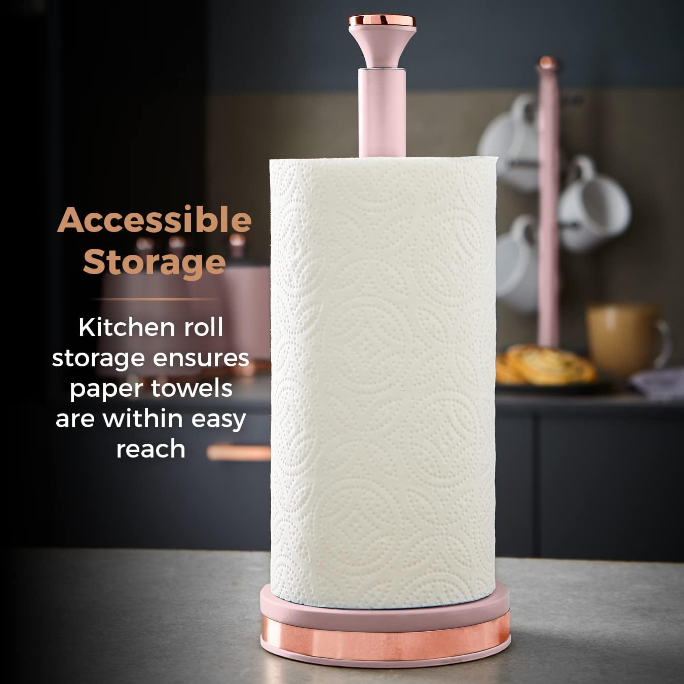 Tower T826133PNK Cavaletto Towel Pole Kitchen Roll Holder with Soft Underliner, Marshmallow Pink and Rose Gold