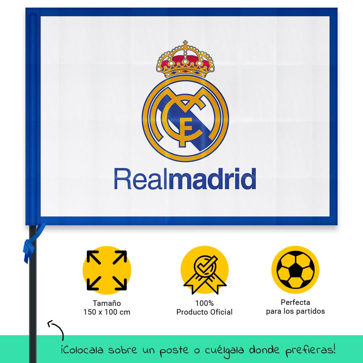 Bandera oficial del Real Madrid Club de Fútbol | 150 x 100 cm - Bordes Azules con escudo en el centro | Producto Oficial