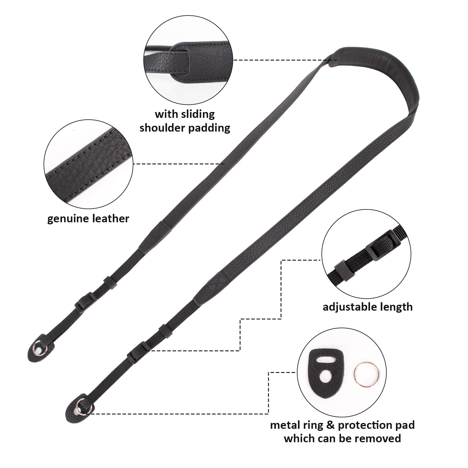 MUZIRI KINOKOO Tracolla universale per fotocamera in vera pelle con cintura in nylon - Tracolla regolabile per reflex e reflex digitali - Lunghezza da 90 cm a 140 cm - Nero