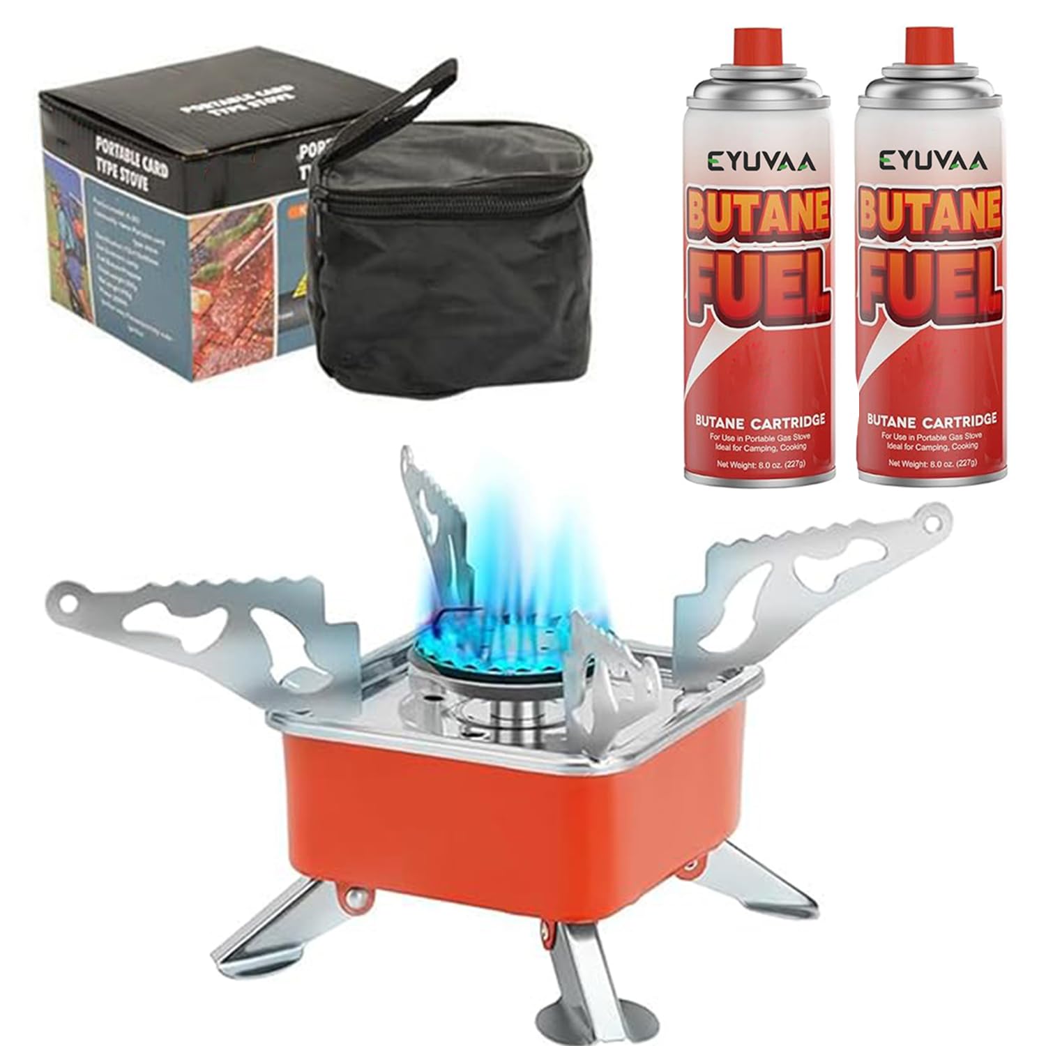 EYUVAA LABEL Portable Gas Stove for Travel with Butane Gas Cylinder, Folding Furnace Outdoor Camping Stove, Lightweight Gas Burner for Hiking and Emergency Use (Stove + 2 Gas Refill)