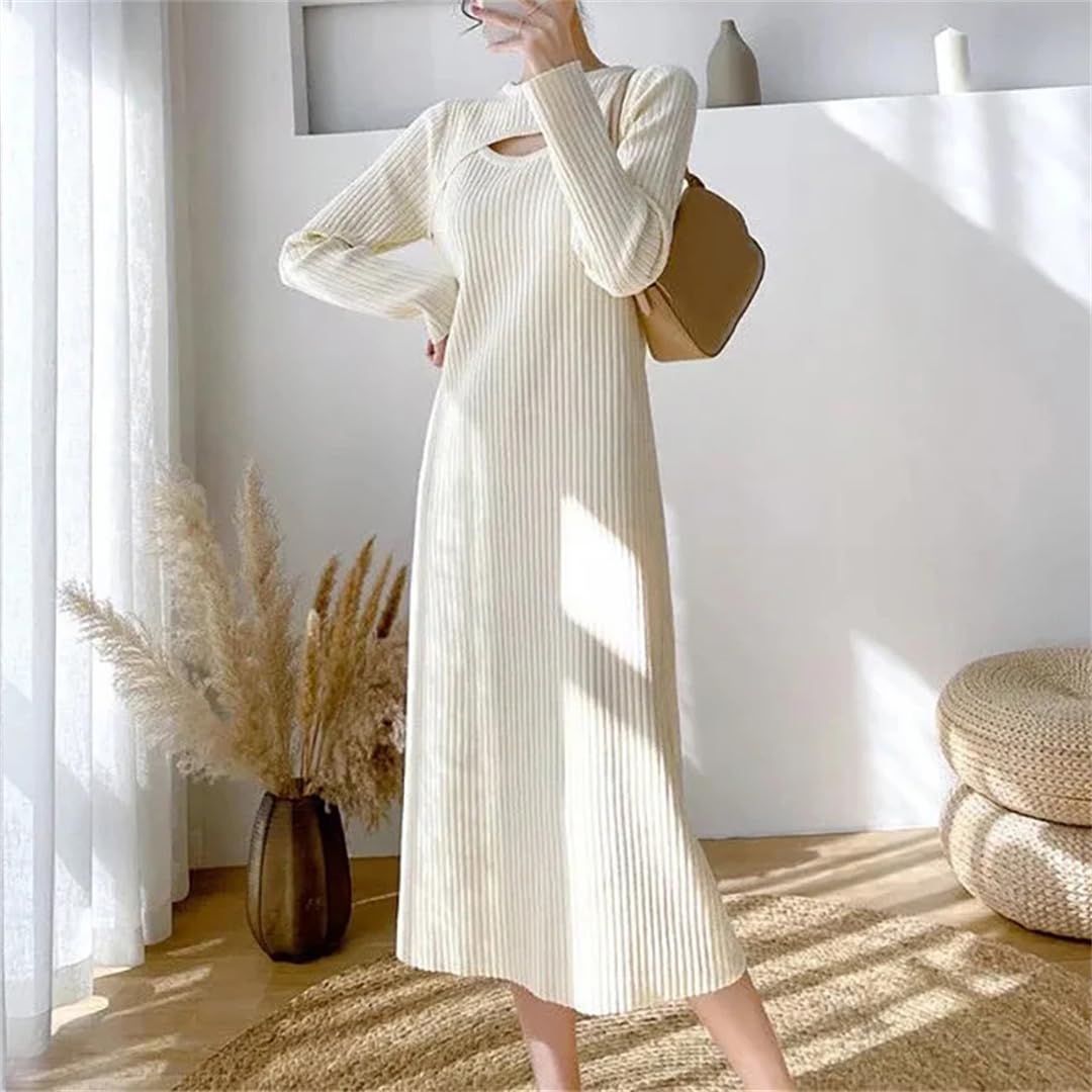 Abito da donna lavorato a maglia autunno inverno tinta unita patchwork O-collo manica lunga Hollow dritto abiti