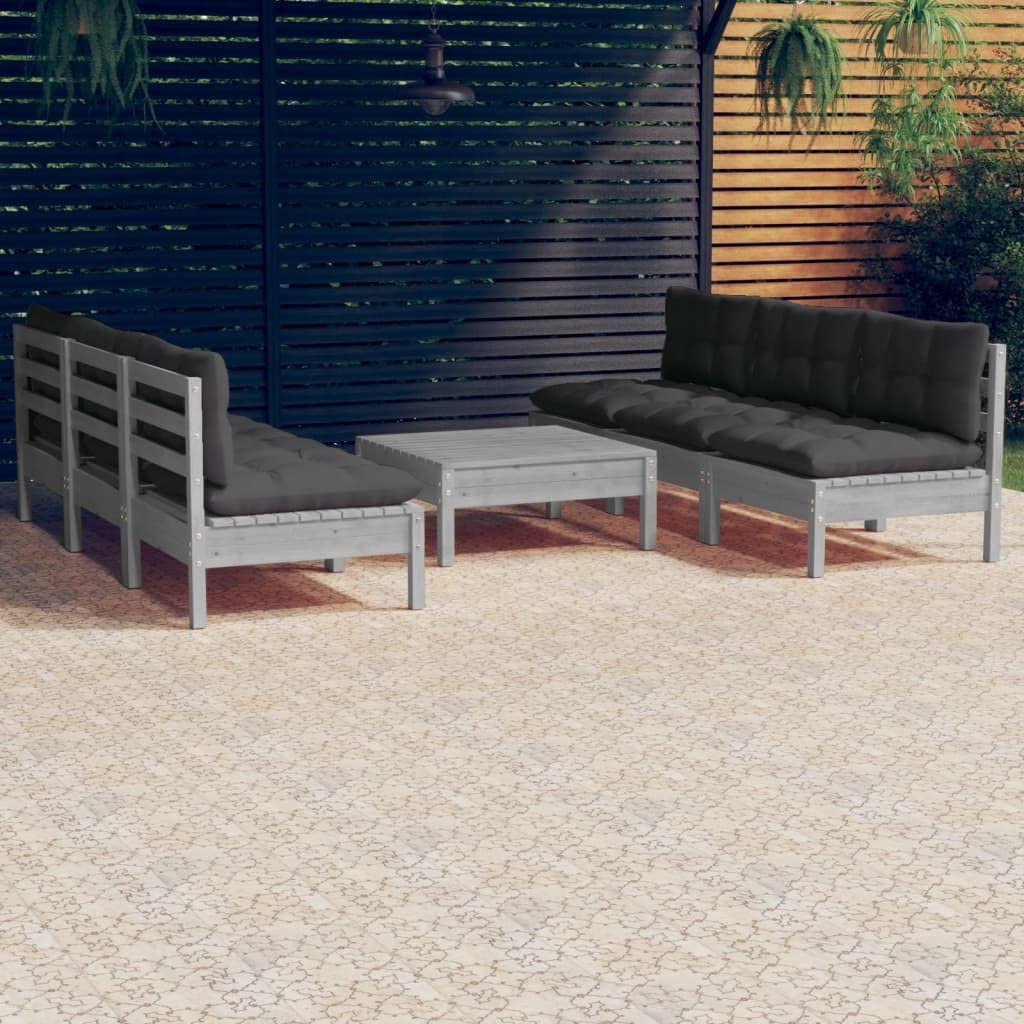 vidaXL Juego de Muebles de Jardín 7 Piezas y Cojines Patio Terraza Sofá Silla Mesa Asiento Hogar Mobiliario Exterior Suave Robusto Gris Madera Pino