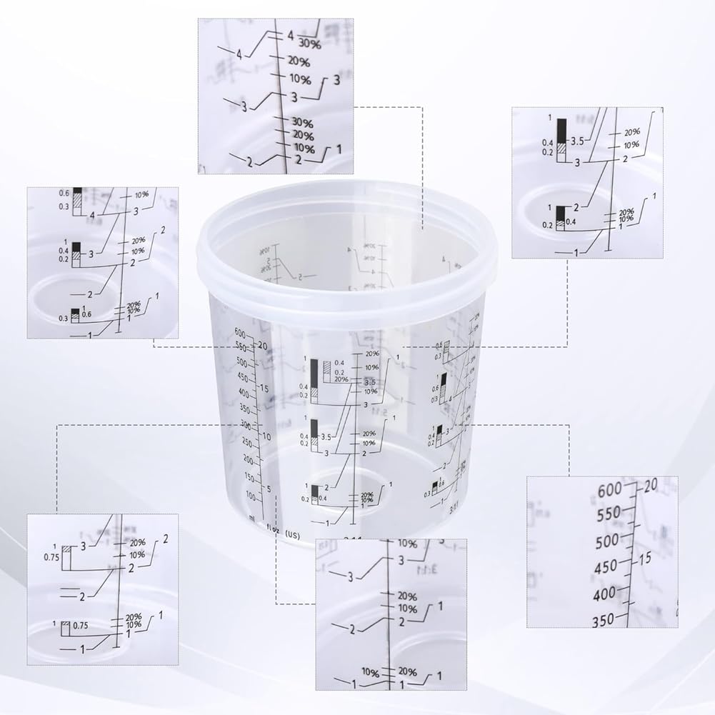 Kubek do pistoletu do farby, 600 ml, zestaw z 50 kubkami i systemem pokrywek, 10 zatyczek i 1 twardy kubek z pierścieniem mocującym, 1 adapter do kubka