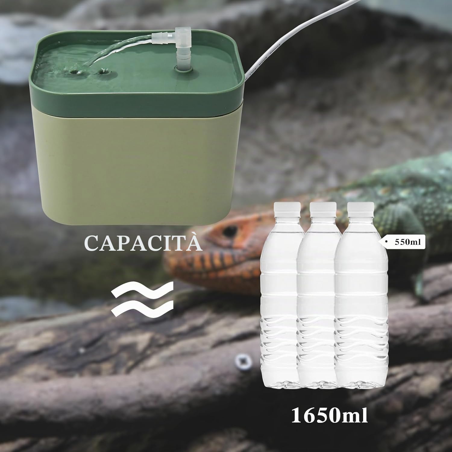 Dnoifne Fontana per Rettili con Sistema di Filtrazione - Ciotola Acqua Automatica per Draghi Barbuti, Geco, Camaleonti e Serpenti - Accessorio per Terrario con Cascata e Pompa Regolabile