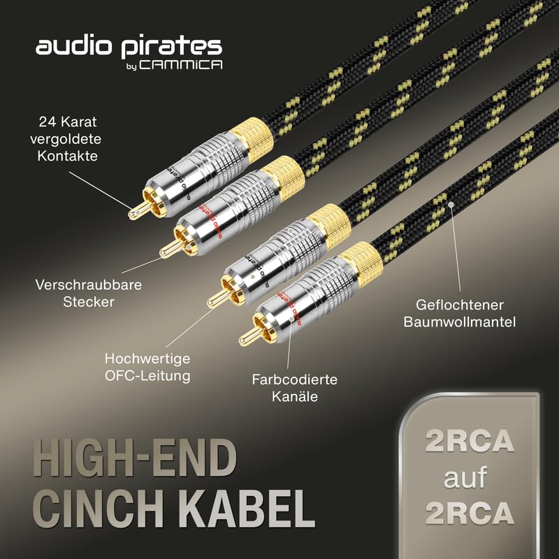 audio pirates by cammica 2x2 RCA Spitzenklasse Hifi Cinch Kabel | 0,5m | Stereo Audio Kabel | OFC Kupfer | OD: 8mm | Nylon-Ummantelung | 24K Goldkontakte | Hifi, Home Cinema, Auto | LUXURY COLLECTION