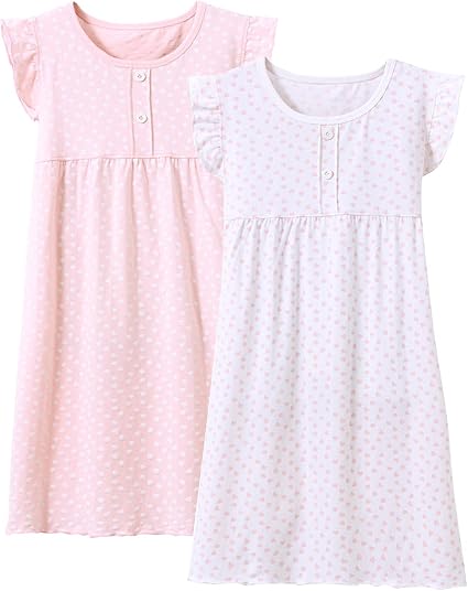 Lot De 2 Chemises De Nuit Fille En Coton - Imprimé Cœur, Tailles 3 à 15 Ans, Manches Longues Ou Courtes