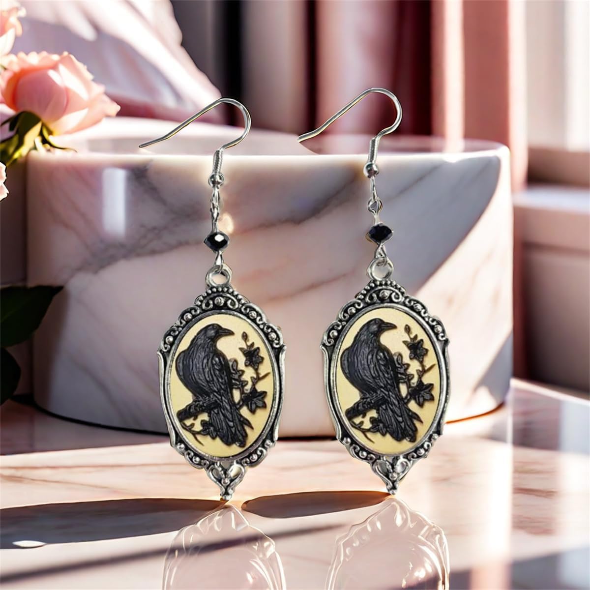 Gothic Raven Cross Glass Dangle Earrings,Vintage Victorian Drop Earrings Goth Crystal Gem Crow Earrings Mystic Witch Halloween Jewelry Gift Accessories - Image 4