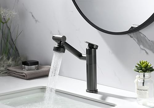 Miniatura 7 de Pistola de grifo de baño giratoria de 1080 grados, grifo de lavabo gris, 1 mango, rociador de ángulo grande, extensor de boquilla de aireador