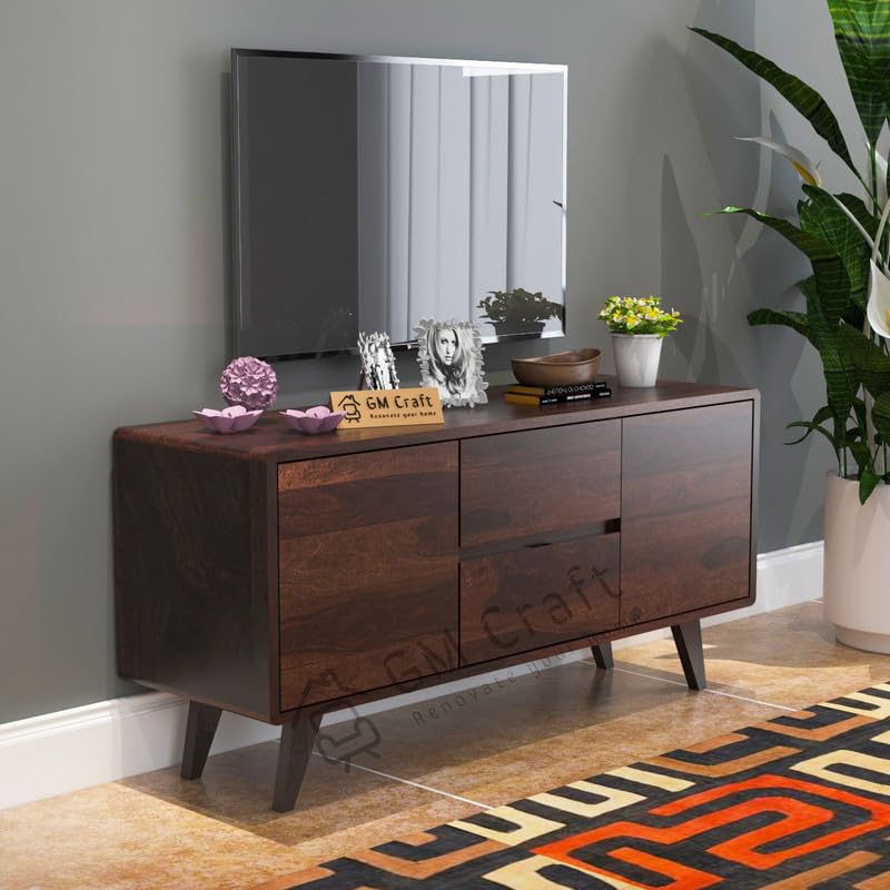 Image of Solid Sheesham Wood TV Unit for Living Room, Solid Wood TV Unit Cabinet,TV Cabinet with 2 Drawers & 2 Cabinet Storage, Solid Wood TV Entertainment Unit - Walnut Finish