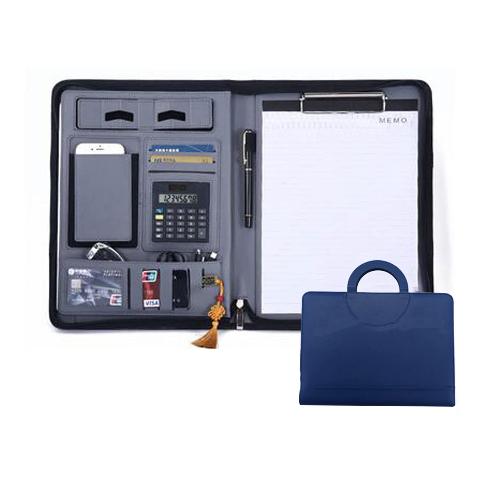 Portfolio biznesowe A4 Padfolio wielofunkcyjny segregator na zamek skórzany notatnik profesjonalny teczka na dokumenty konferencja planer dokumentów osobisty organizer dla mężczyzn kobiet (kolor: niebieski, rozmiar: z kalkulatorem