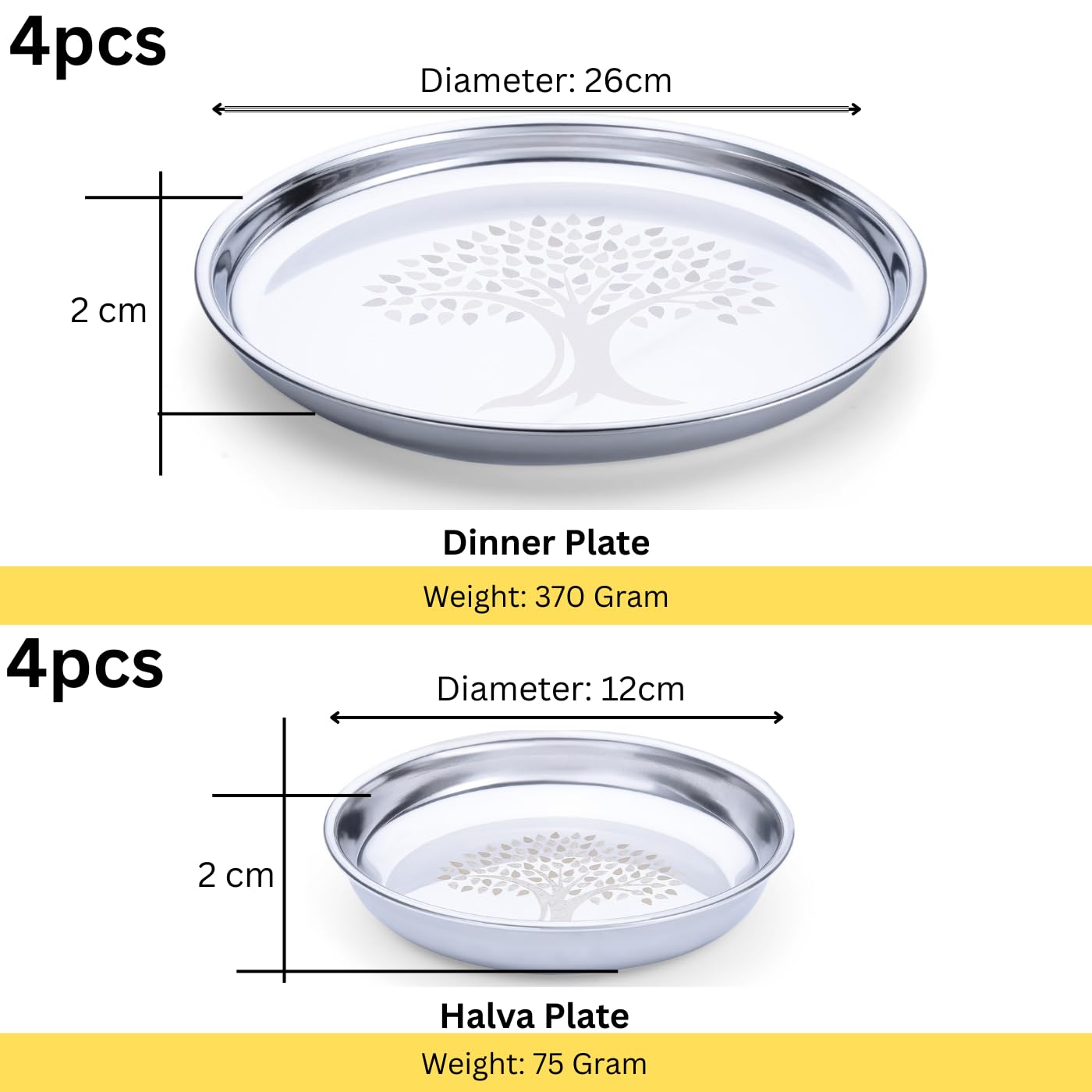 Limetro Steel Stainless Steel Dinner Set for 4 Persons | Complete Indian Thali Set with Plates, Bowls/Katori, Glass, Spoon & Fork | Tree Design Steel Dinnerware for Home (Set of 24- Serves 4) 2