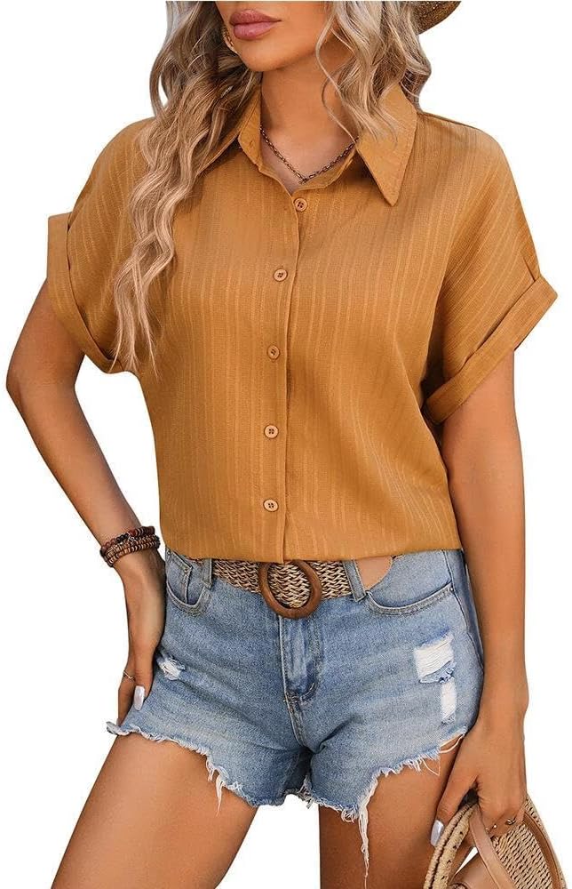 FMCHICO Casual V Neck Button Down Shirts for Women Short Sleeve Blouse Tops
