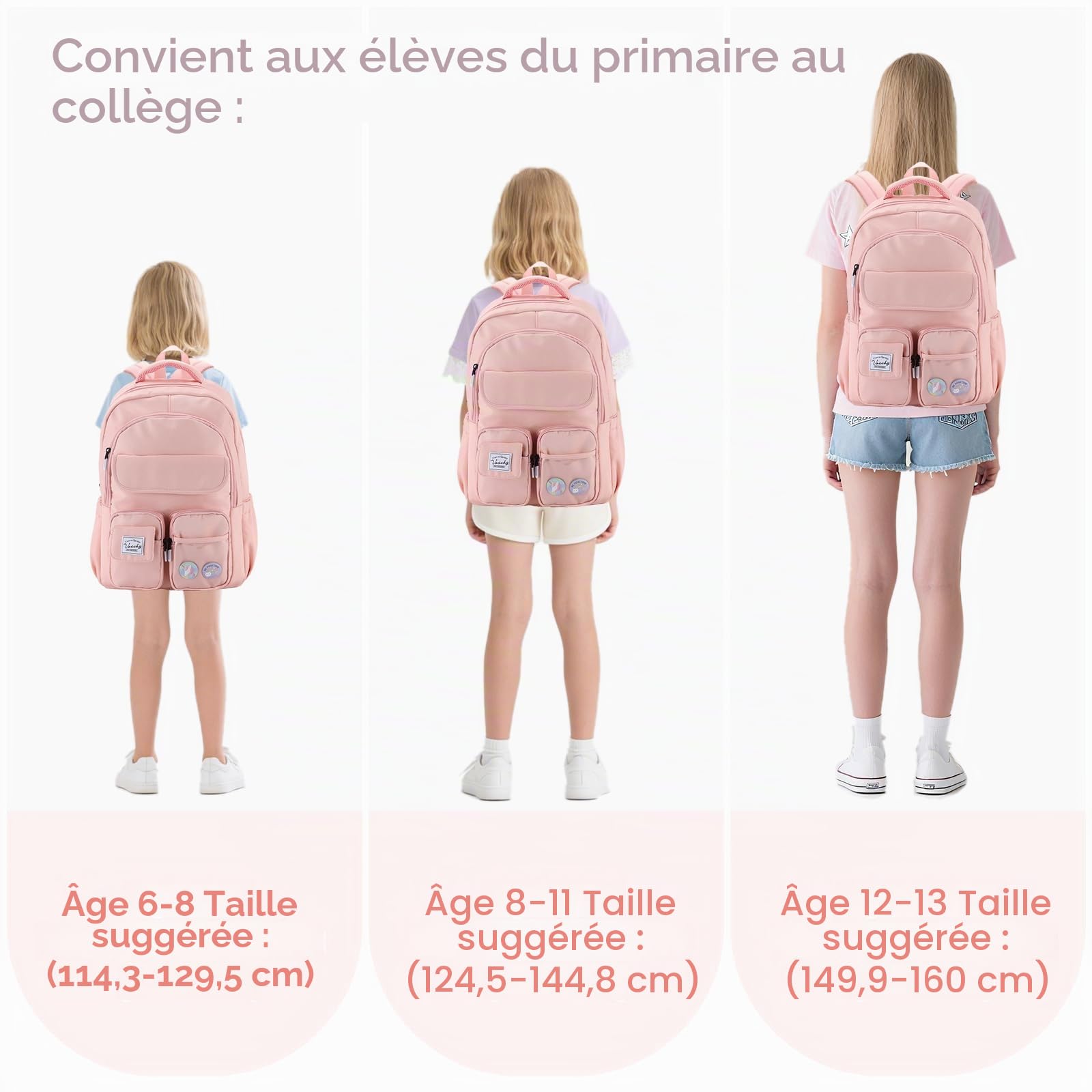 VASCHY Cartable Fille Primaire, Sac à Dos 18 L Léger Multi-poches Rose