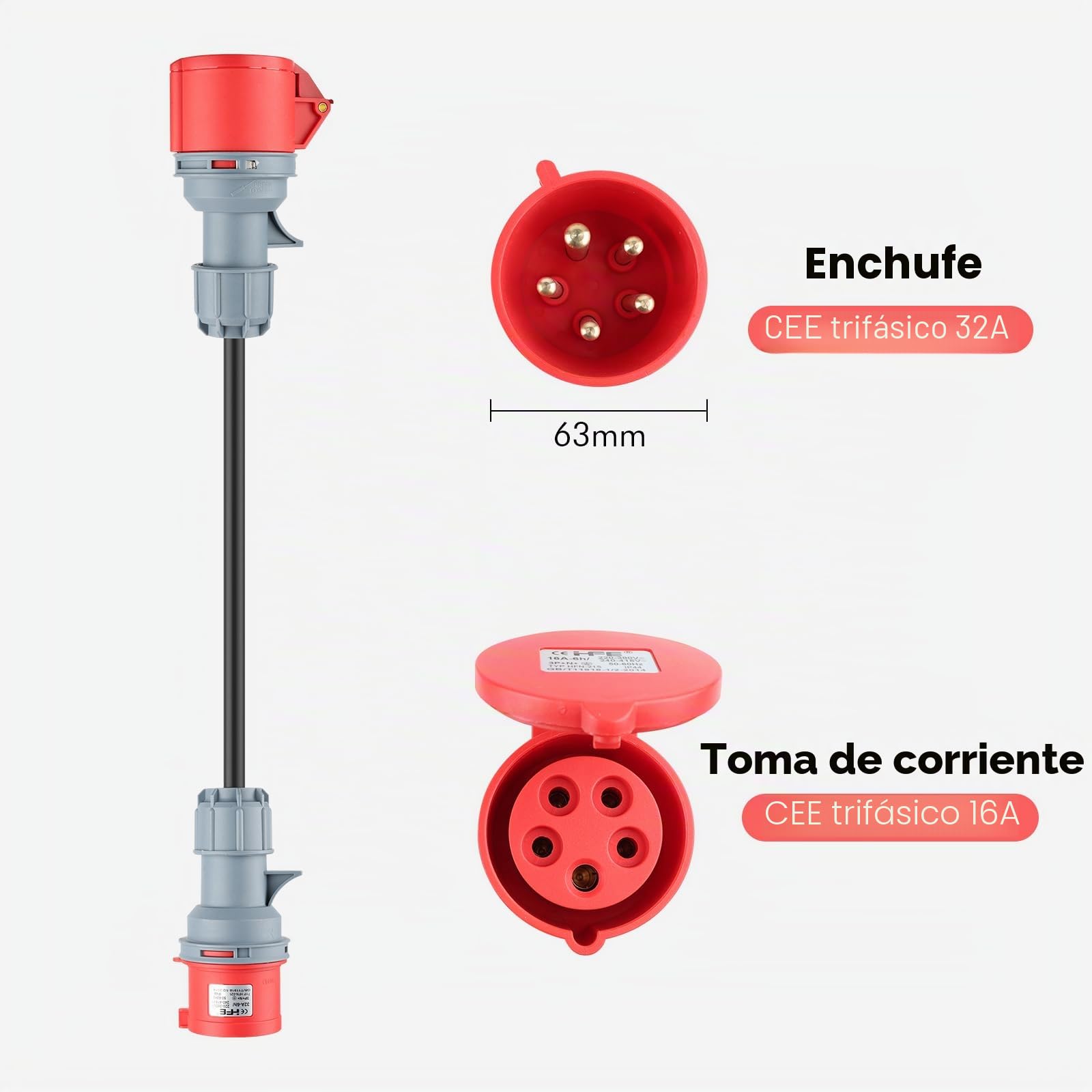 3 adaptadores CEE para enchufes Schuko, juego de adaptadores CEE 16A | 5 pines para enchufes domésticos CEE rojo 32A/CEE azul 16A/230V, 3 x 2,5 mm² H07RN-F 16A, juego de adaptadores