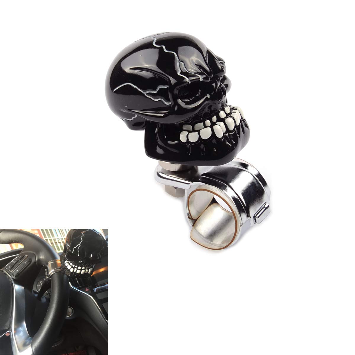 SMKJ Skull Head with big Mouth Bone Steering Wheel Spinner Knob handle Booster Spin Knob Clamp fit for Universal Car (black)