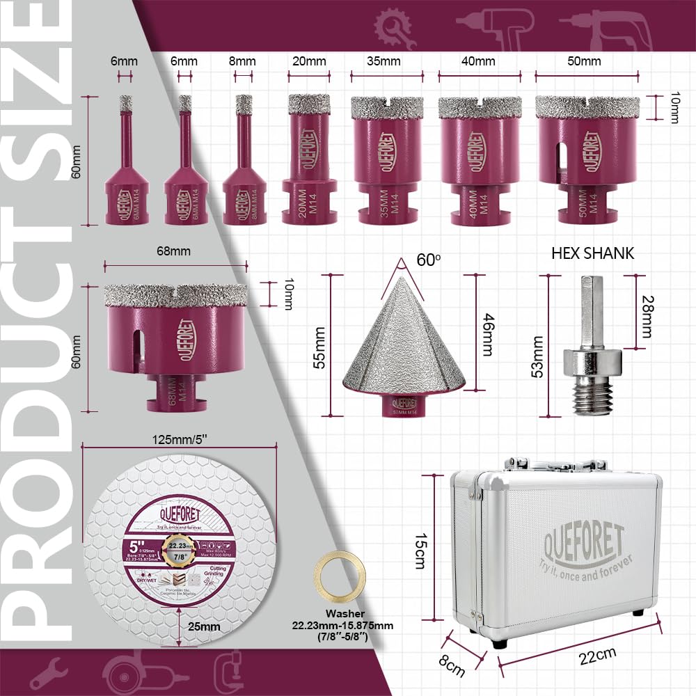 Punte Diamantate Gres Porcellanato 11 Pezzi - 6/6/8/20/35/40/50/68mm x M14 Punte Trapano, 50mm Punta Smusso, Adattatore, Disco Diamantato 125mm per Piastrelle Ceramica Marmo Granito