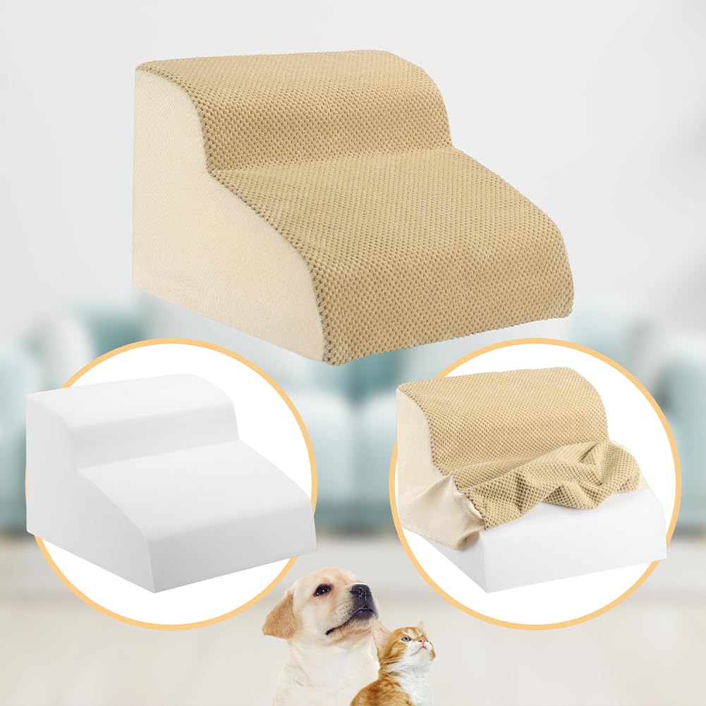 BAKAJI Scala per Animali Domestici con 2 Gradini e Rullo Rimuovipeli, Rivestimento Sfoderabile in Tessuto a Coste, Rampa per Gatti e Cani Anziani, Scaletta Imbottitura Schiuma Alta Densità (Beige)
