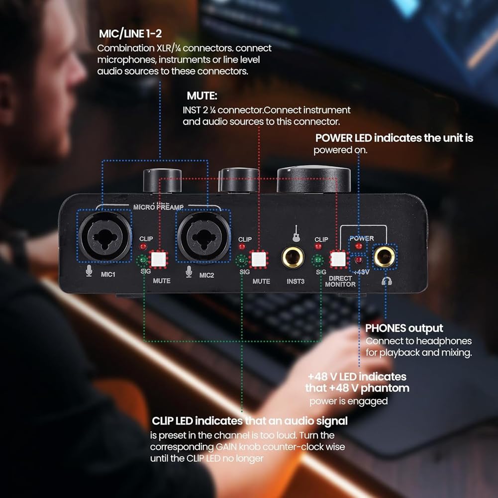 Interfejs audio USB przedwzmacniacz mikrofonowy przedwzmacniacz mikrofonowy zasilanie fantomowe do nagrywania, transmisji na żywo, podcastów do domowego studia