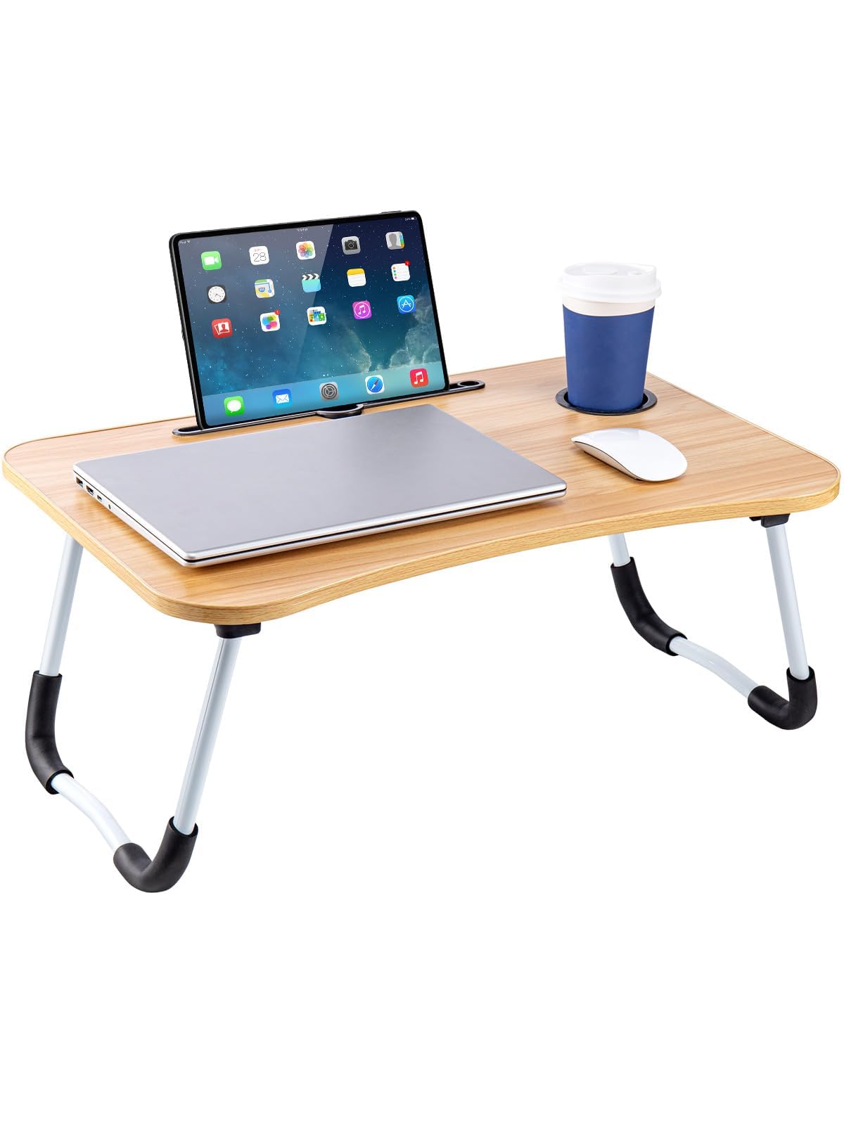 CROWNSHOP Laptop Table, 60 X 40 X 28cm Bed Table, Bed Desk Stand With Foldable Legs & Cup Slot Notebook Stand Computer Laptop Bed Table Laptops Tray For Sofa Bed, Pink (Walnut)