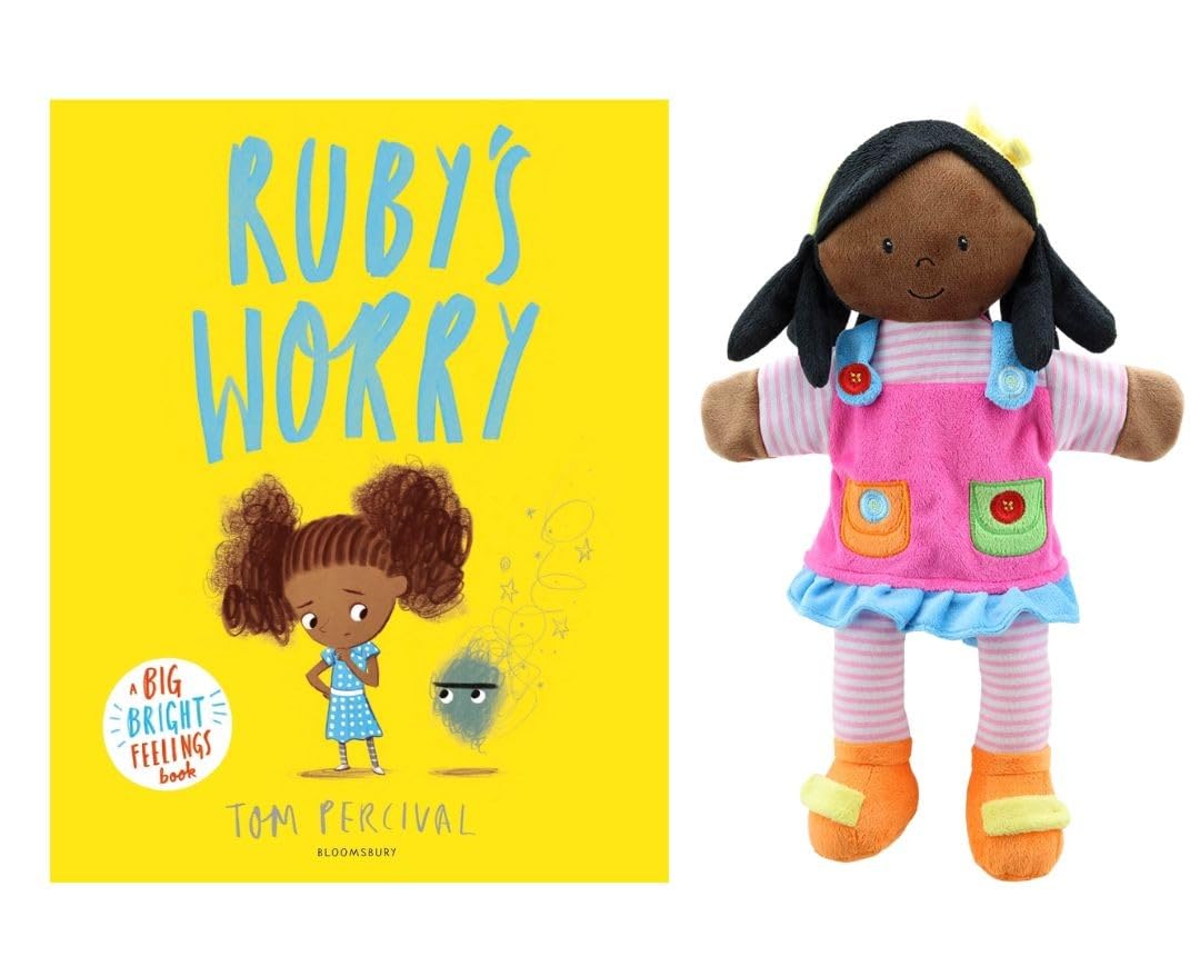 Ruby’s Worry Illustrated Storybook by Tom Percival & Puppet Set by The Puppet Company – Emotional Wellbeing Picture Book with Interactive Story Teller Girl Hand Puppet