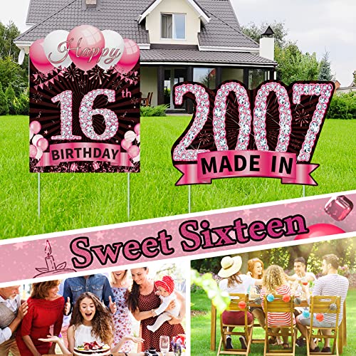 2Pcs 16Th Happy Birthday Yard Signs For Girls - Happy 16Th Birthday Yard Sign & Made In 2007 Lawn Sign, Funny Yard Signs With Stakes, Outdoor Decorations, Sweet 16 Backyard Party Supplies Decor, Pink #TOP3