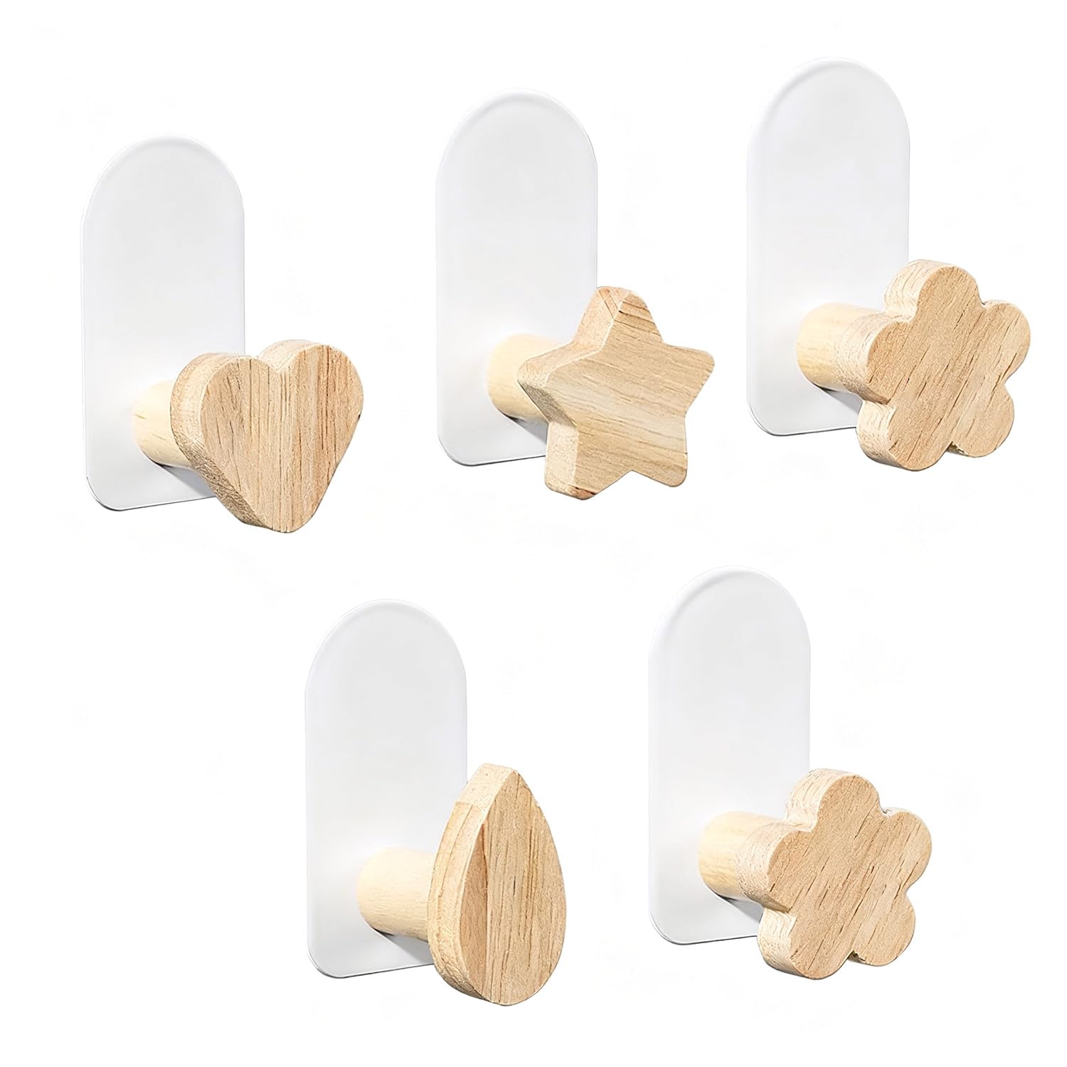 Wellrun White 5Pcs Self-Adhesive Wooden Coat Hooks,Cute Shape Design No Drill Wall Hooks,Hangers For Backpacks,Towels,Coats And Hats