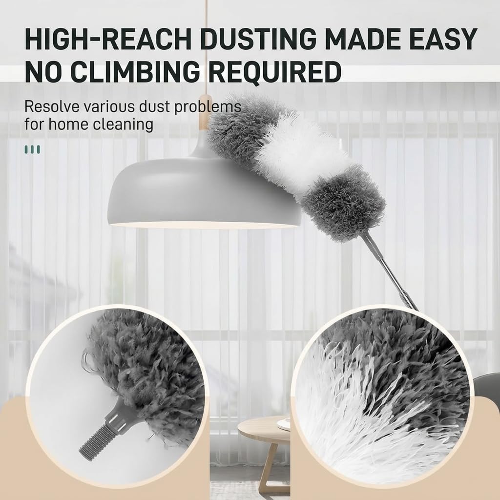 5-in-1 Extendable Microfiber Duster Kit, 100 Inch Long Handle Ceiling Fan Duster with Cobweb Brush, Chenille Head and Crevice Brush, Bendable Washable High Ceiling Cleaner for Blinds Furniture