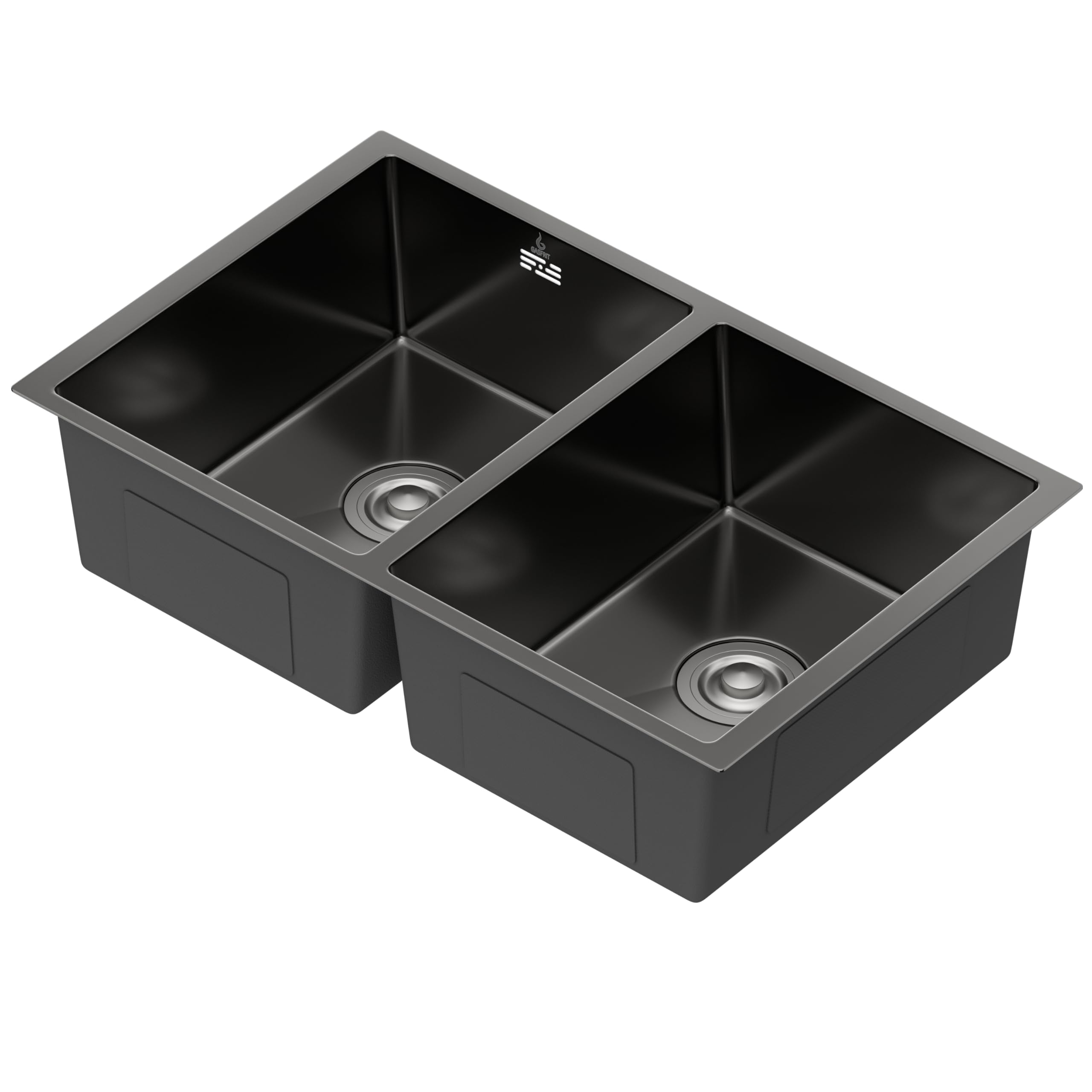 Fregadero de Cocina Doble Seno 760x470 mm, 2 Cubetas 200 mm Altura, Sobre Encimera, Desagüe Ø110 mm (Negro)